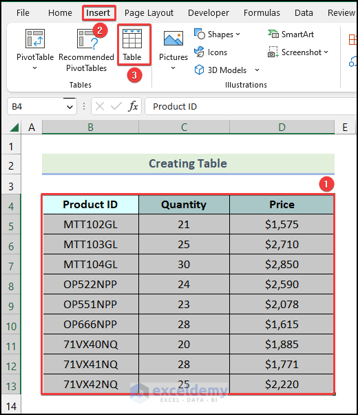 Using Insert option to create a table in Excel