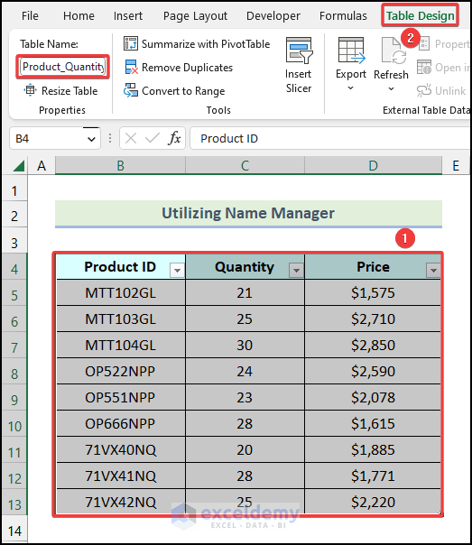 Table name changed by using Name Manager in Excel