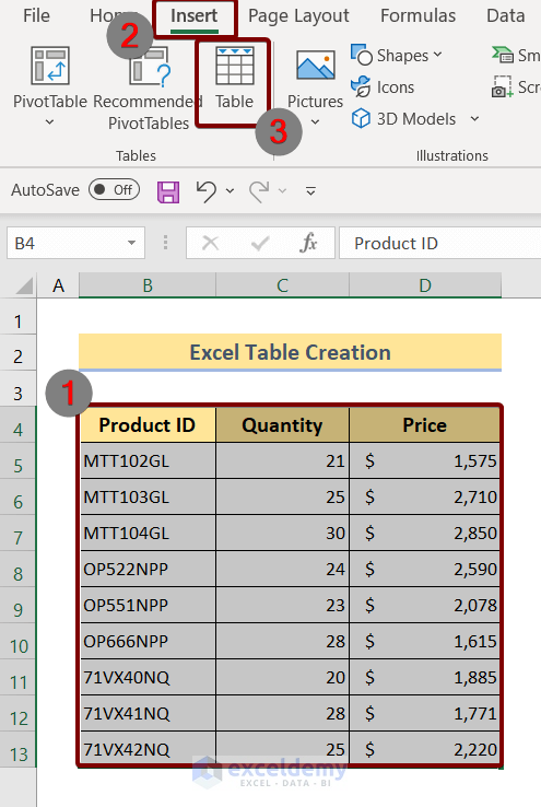 Insert table in Excel
