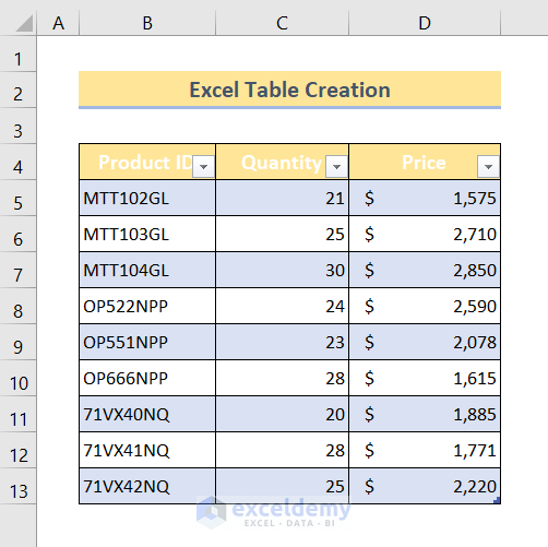 Excel Table Example
