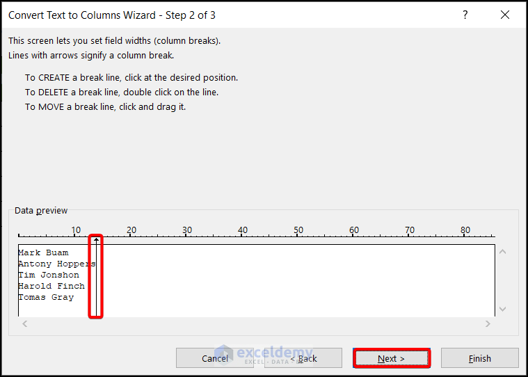 Convert Text to Column Wizard step2 window