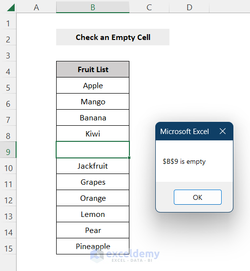dialog box showing empty cell