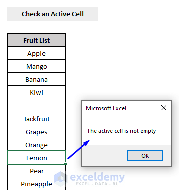 vba dialog box showing an active cell is not empty