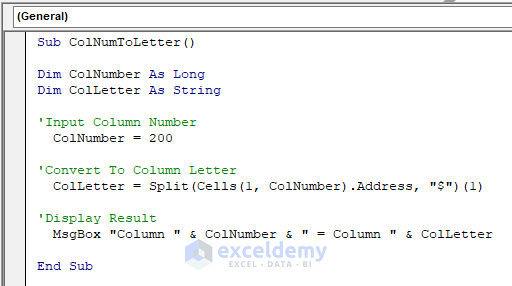 VBA to Convert a Specific Column Number to Letter in Excel