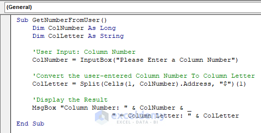 VBA to Convert Column Number to Letter from User Input in Excel