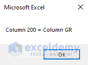 Result of VBA to Convert a Specific Column Number to Letter in Excel