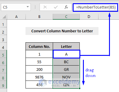 Result of VBA to Convert Column Number to Letter with User-Defined Function (UDF) in Excel with Do-While