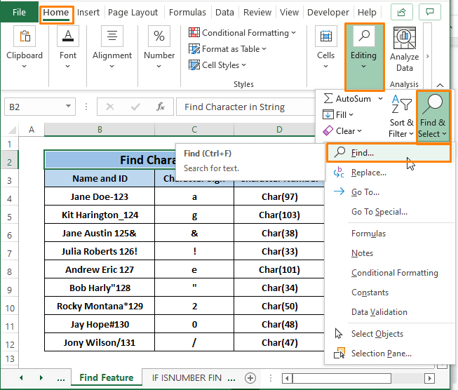 find feature-Find Character in String Excel
