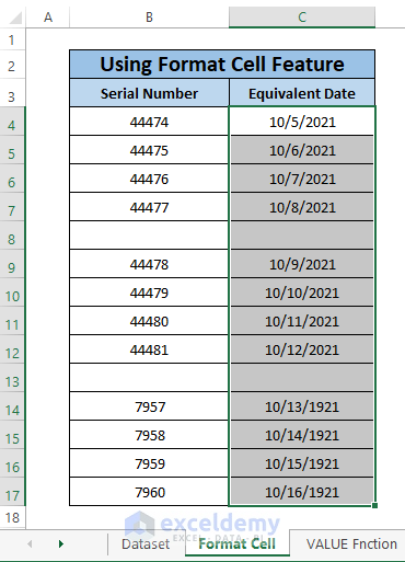 Format cells final result-Convert Serial Number to Date in Excel