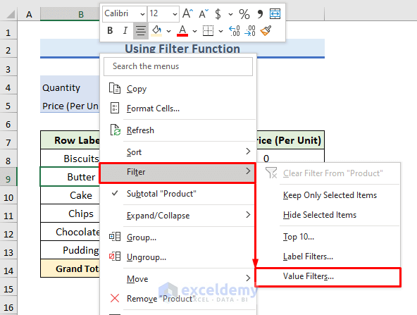Picking Filter Function to Filter Values