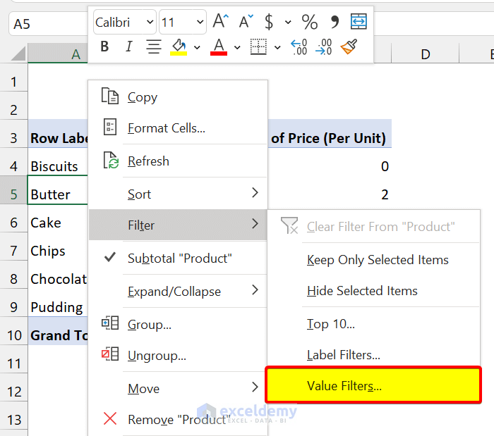 select value filters