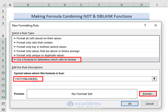 Creating Formula Highlighting Non-Blank Row Using NOT and ISBLANK Functions