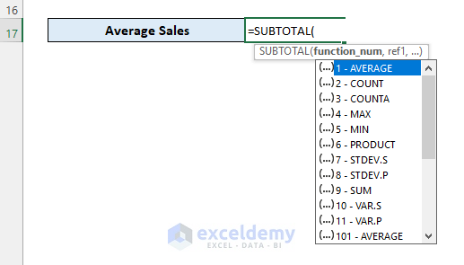 Excel SUBTOTAL Function to Find Out Average