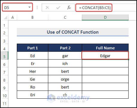 Utilize the CONCAT Function to Unify Cells in Excel