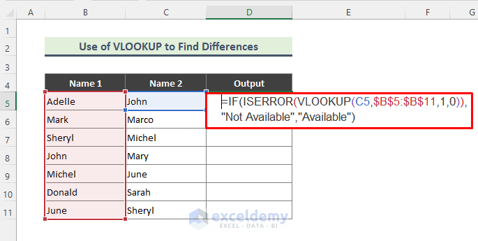 Compare Cells Using VLOOKUP and Find Differences