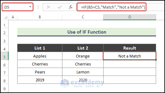 Overview of using IF function to compare B5 and C5 cells