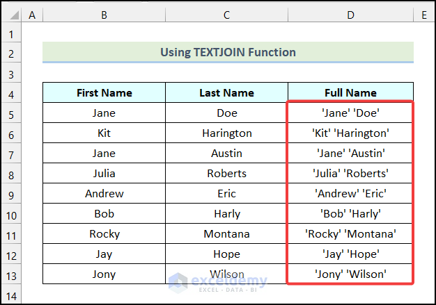 Outputs got after using the TEXTJOIN function and Fill Handle command in Excel