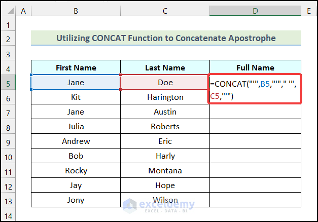 Using CONCAT function to Concatenate Apostrophe in Excel