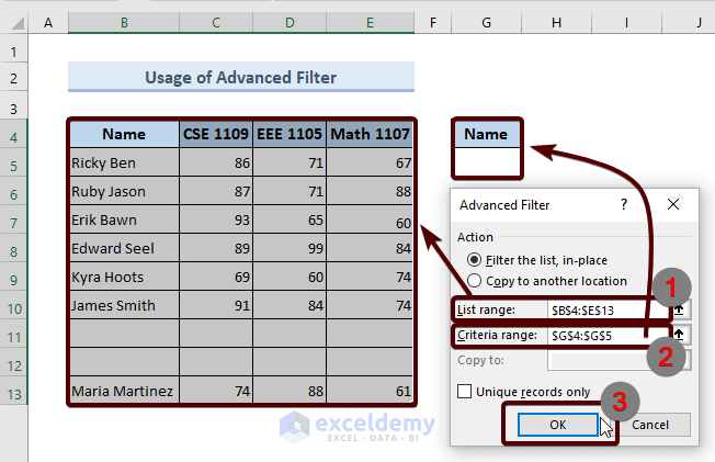 Remove Empty Cells in Excel Using Advanced Filter criteria dialog box