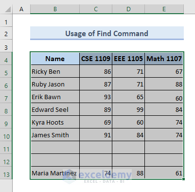 find command usage in excel
