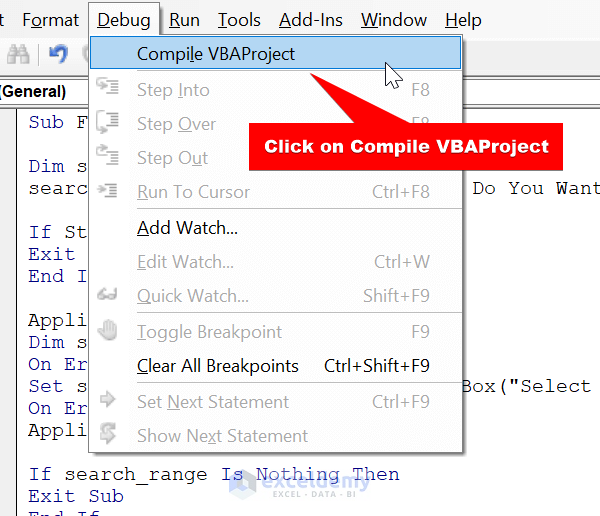 select compile VBAProject from debug menu bar