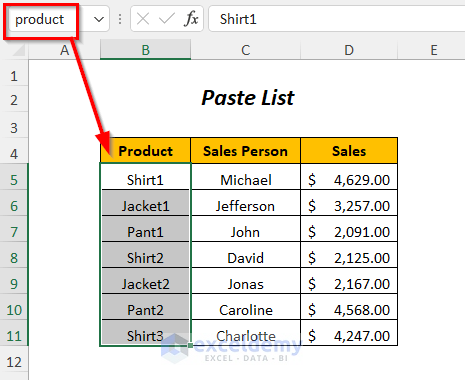 how to paste range names in excel