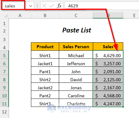 how to paste range names in excel