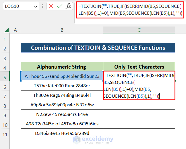 cobination of TEXTJOIN and SEQUENCE Functions to Remove Numeric Characters from Cells