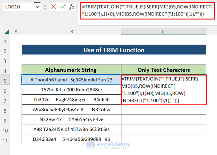 TRIM Function to remove numeric characters from cells