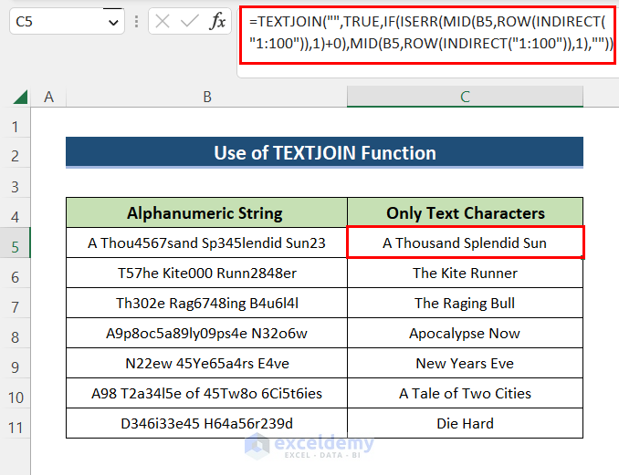 overview of using the TEXTJOIN Function to Remove Numeric Characters from Cells