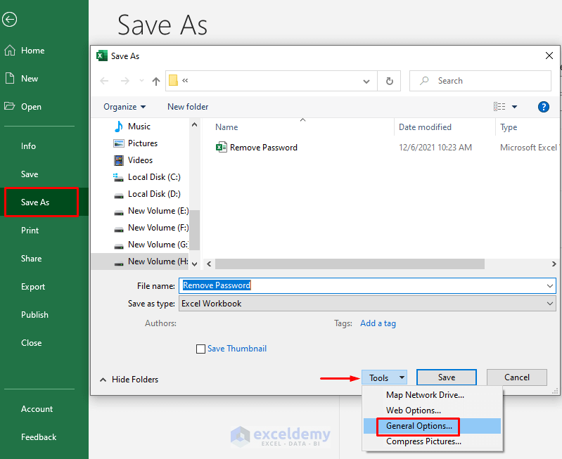 remove password from excel with save as option