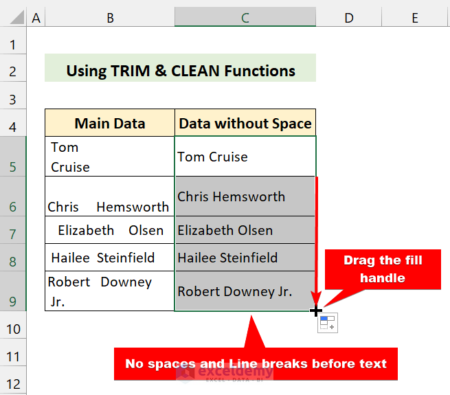 No space or line breaks before text in excel