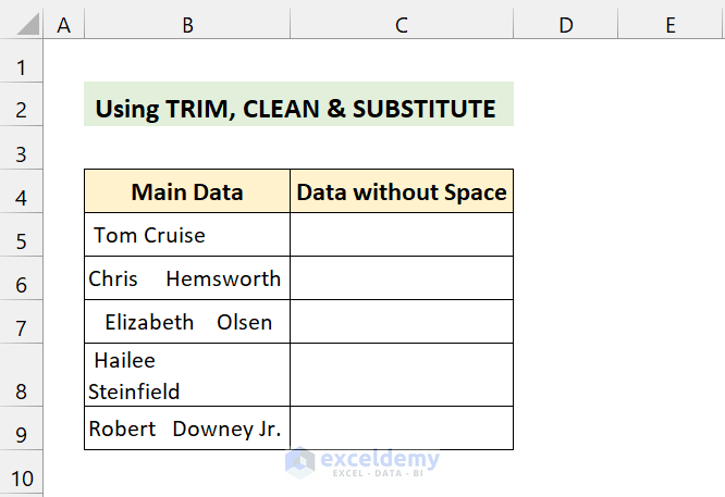 dataset to remove space before text in excel