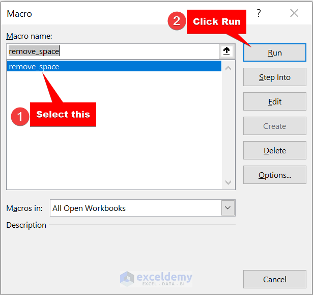 macro dialog box to remove space before text in excel