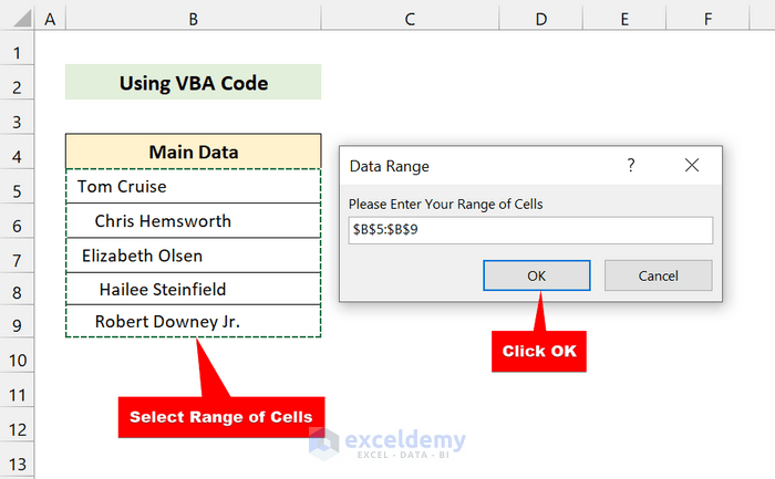 select range of cells to remove space in excel
