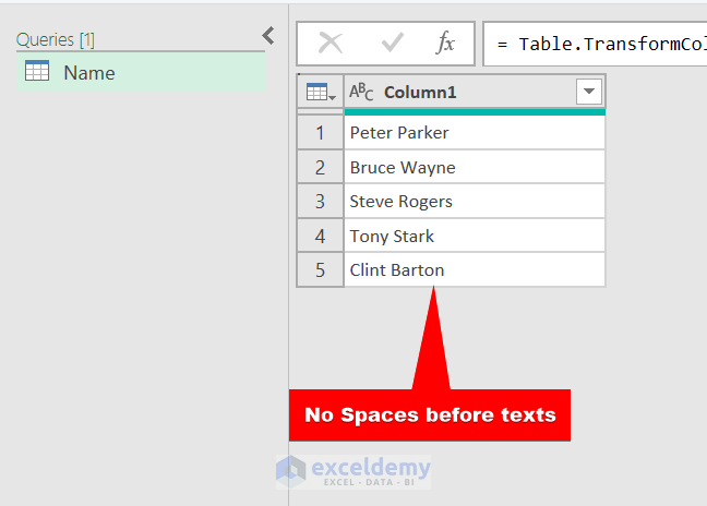 remove space before text in excel