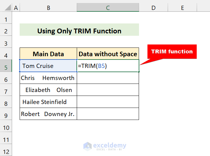 trim function to remove space in excel