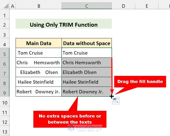 result of remove space before text in excel