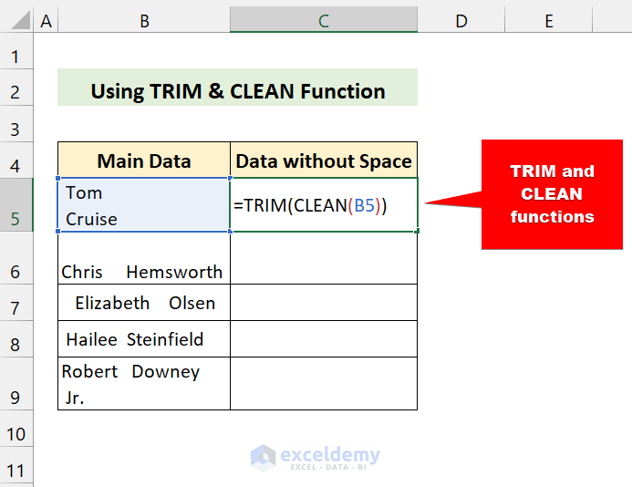 trim and clean function to remove space in excel