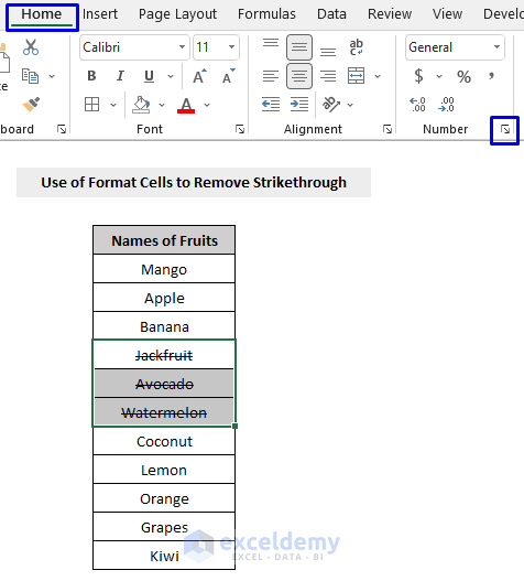 format cells to remove strikethrough in excel
