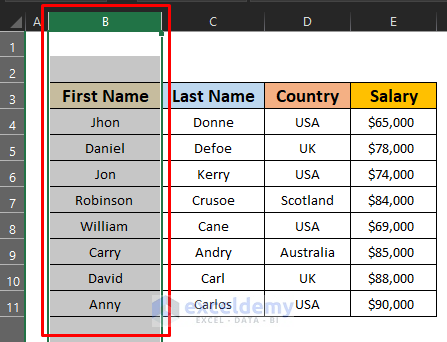 Apply the Keyboard Shortcuts Method in Multiple Columns in Excel