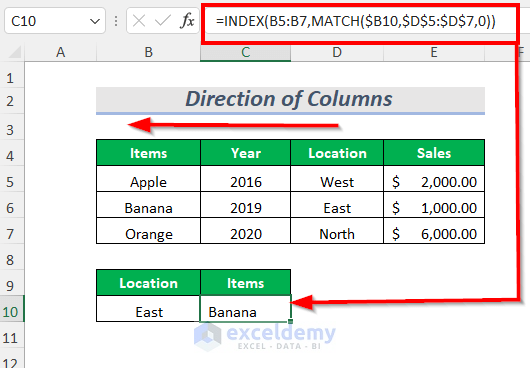 direction of columns for index function