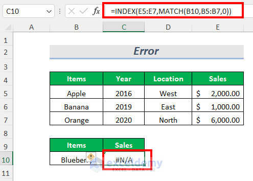 N/A error for Index function