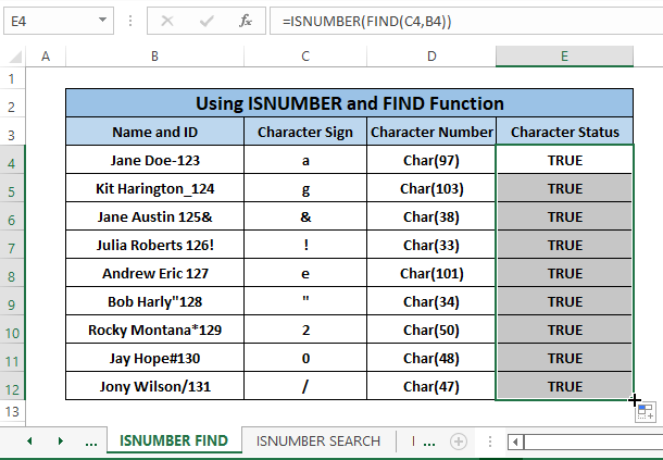 isnumber and find function result