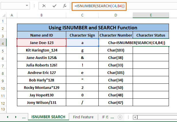 isnumber and search function-Find Character in String Excel