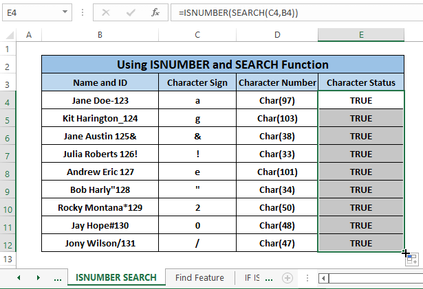 if isnumber and search function final result-Find Character in String Excel