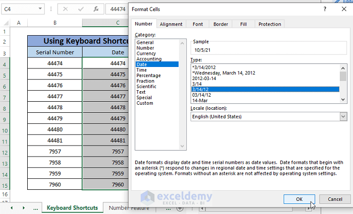 keyboard shortcuts-Convert Serial Number to Date in Excel