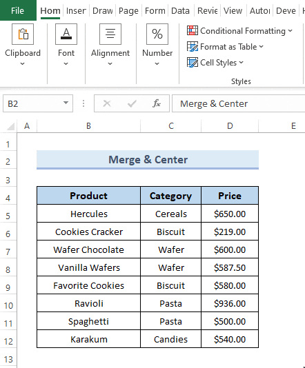 Merge Columns in Excel Using Merge & Center Command from the alignment group in Home tab