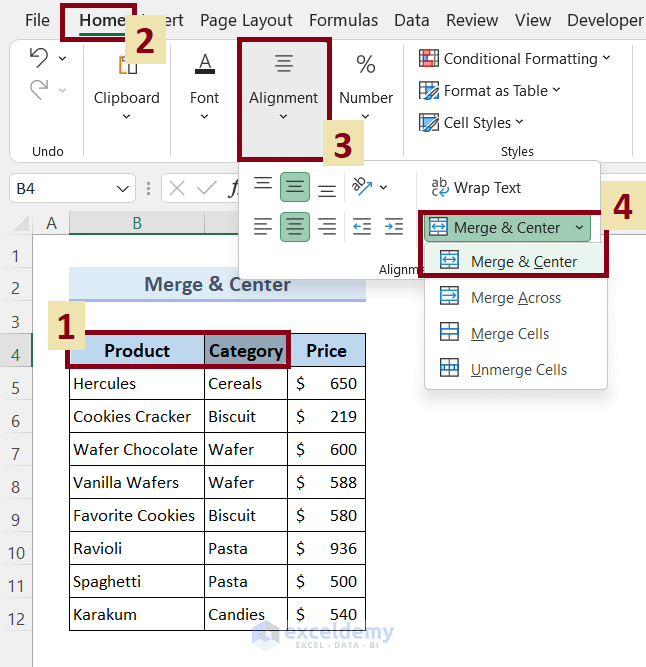 Merge Columns in Excel Using Merge & Center