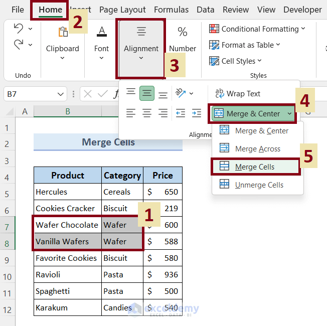 Merge Columns Using Merge Cells in Excel